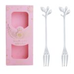Juego de cubiertos de cuchara y tenedor de acero inoxidable de 2 piezas / paquete, Leaf Fork+Pink Box (Silver)