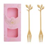 Juego de cubiertos de cuchara y tenedor de acero inoxidable de 2 piezas / paquete, Leaf Fork Pink Box (Gold)