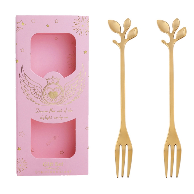 TBD0604202716.jpg Juego de cubiertos de cuchara y tenedor de acero inoxidable de 2 piezas / paquete, Leaf Fork Pink Box (Gold) - Imagen 1