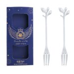Juego de cubiertos de cuchara y tenedor de acero inoxidable de 2 piezas / paquete, Leaf Fork+Blue Box (Silver)