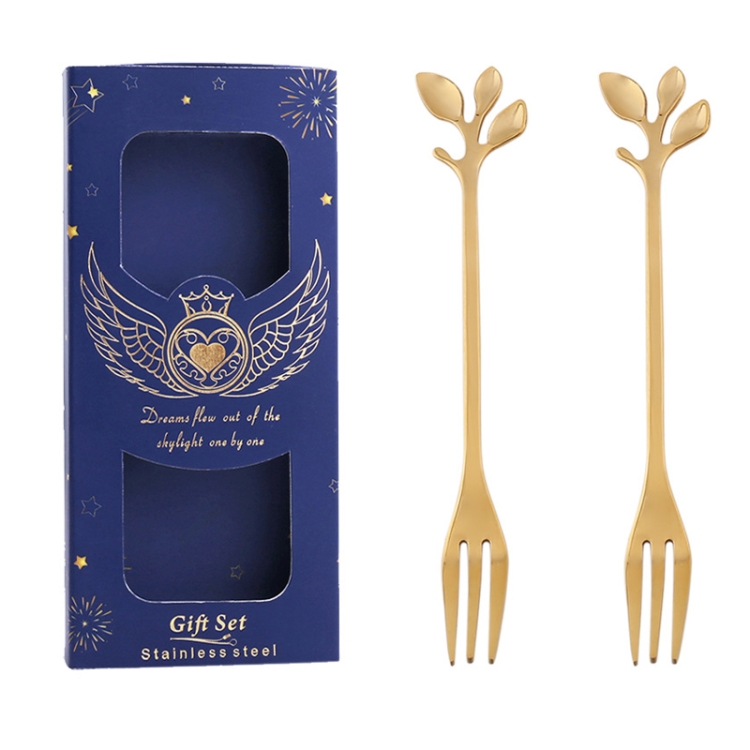 TBD0604202718.jpg Juego de cubiertos de cuchara y tenedor de acero inoxidable de 2 piezas / paquete, Leaf Fork+Blue Box (Gold) - Imagen 1