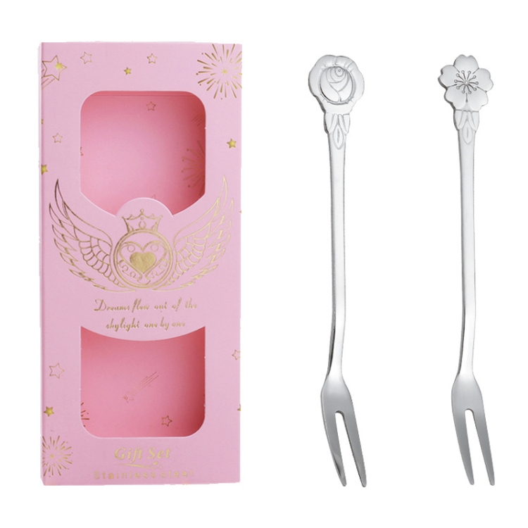 TBD0604202719.jpg Juego de cubiertos de cuchara y tenedor de acero inoxidable de 2 piezas / paquete, Flower Fork Pink Box (Silver) - Imagen 1