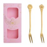Juego de cubiertos de cuchara y tenedor de acero inoxidable de 2 piezas / paquete, Flower Fork Pink Box (Gold）