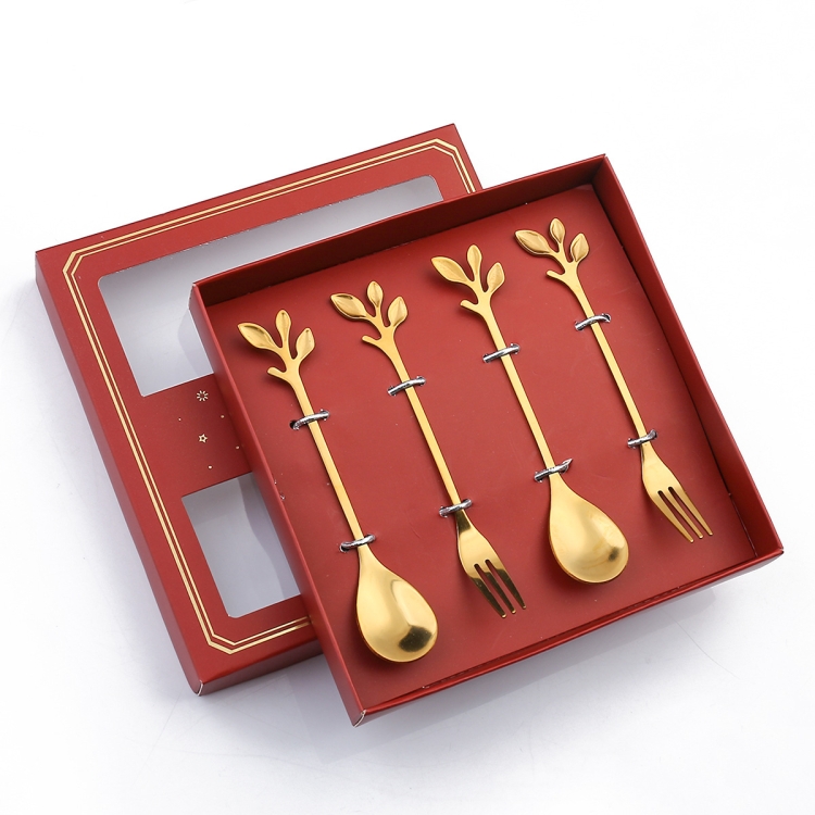 TBD0604203903.jpg Juego de cubiertos de cuchara y tenedor de acero inoxidable de 4 piezas / paquete, Leaf Spoon Fork (Red Box) - Imagen 1