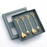 Juego de cubiertos de cuchara y tenedor de acero inoxidable de 4 piezas / paquete, Leaf Spoon Fork (Green Box)