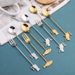 Cuchara agitadora para mascotas de dibujos animados de acero inoxidable 304, tenedor para fruta, cuchara para postre, Back Cat Fork (Silver) - Imagen 3