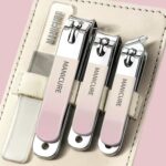 4 unids/set de cuchillos para uñas de acero inoxidable, bolsa giratoria portátil para el hogar, herramienta para cortar uñas, Light Pink