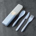 Juego de vajilla de paja de trigo portátil 4 en 1, caja de vajilla de almacenamiento para viajes al aire libre, B With Knife (Blue)