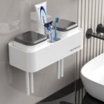 Estante para cepillos de dientes de hotel con soporte de pasta de dientes montado en la pared de escritorio de doble taza - Imagen 6