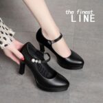 Zapatos de tacón alto para mujer, cómodos, con temperamento de tacón pequeño, plataforma impermeable, zapatos con una hebilla, 37 - Imagen 6