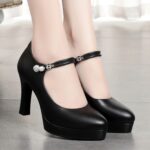 Zapatos de tacón alto para mujer, cómodos, con temperamento de tacón pequeño, plataforma impermeable, zapatos con una hebilla, 36 - Imagen 7