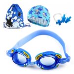 Gafas de natación de silicona 4 en 1 con diseño de cangrejo pequeño, impermeables y antivaho, gorro de natación con estampado impreso, tapones para los oídos con clip para la nariz y bolsa de almacenamiento, juego de equipo de natación para niños...
