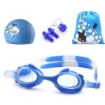 Gafas de natación de silicona 4 en 1 con diseño de cangrejo pequeño, impermeables y antivaho, gorro de natación con estampado impreso, tapones para los oídos con clip para la nariz y bolsa de almacenamiento, juego de equipo de natación para niños...