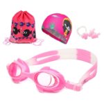 Gafas de natación de silicona 4 en 1 con diseño de cangrejo pequeño, impermeables y antivaho, gorro de natación con estampado impreso, tapones para los oídos con clip para la nariz y bolsa de almacenamiento, juego de equipo de natación para niños...